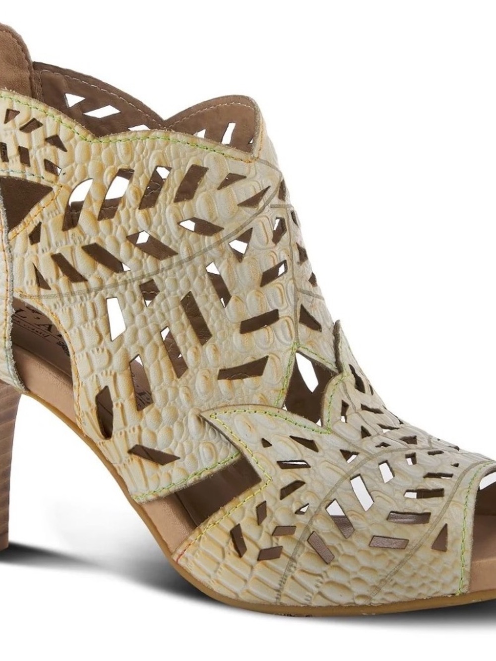 Laser-Cut Peep-Toe Heels in Ivory Croc-Embossed Leather